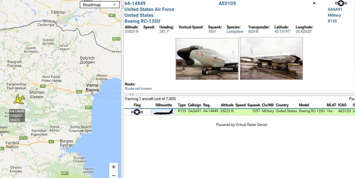 RC-135U COMBAT SENT Returning to Souda Bay from Baltic Sea mission via Bulgarian airspace.  