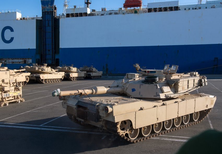 Ships began unloading US tanks, self-propelled howitzers  and hundreds of other fighting vehicles in the northern German port of Bremerhaven  