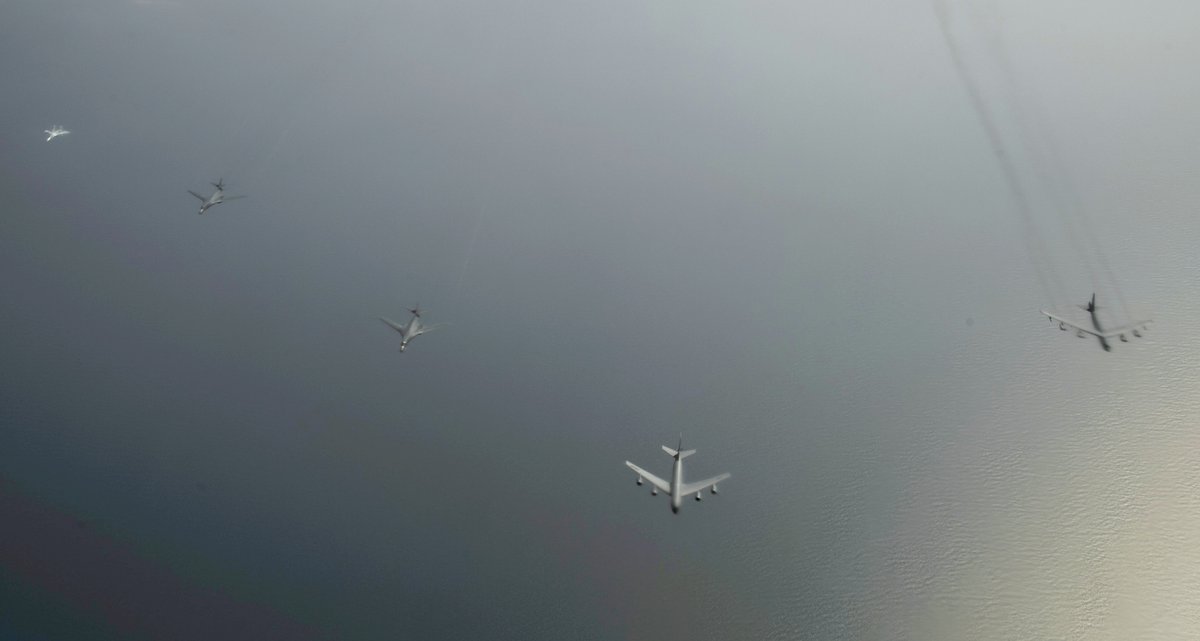 Russian Su-27 Flankers intercept USAF B-1B  and  B-52H bombers during BALTOPS exercises over the Baltic Sea Friday  