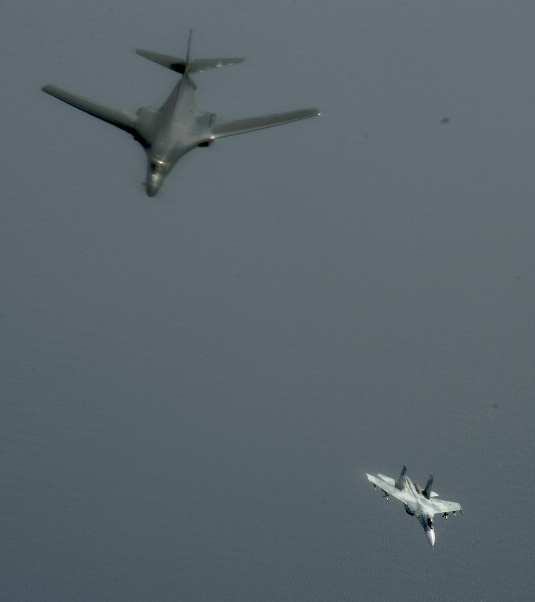 Russian Su-27 Flankers intercept USAF B-1B  and  B-52H bombers during BALTOPS exercises over the Baltic Sea Friday  