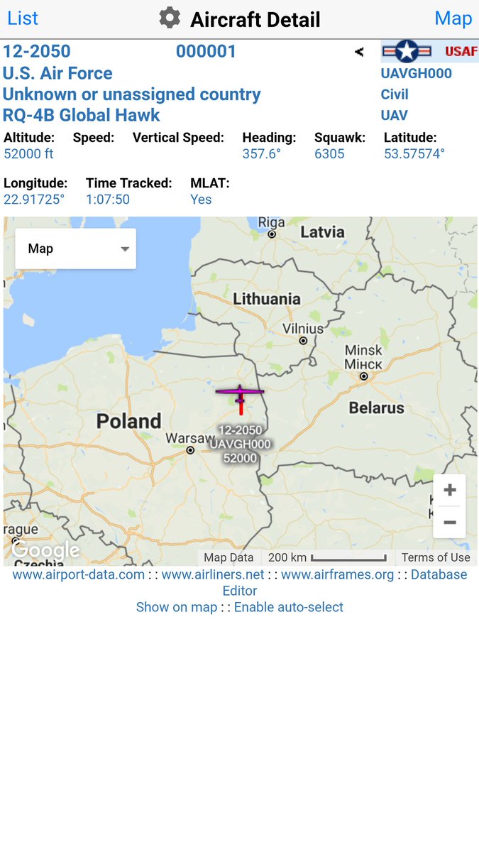 US Air Force  RQ-4B Global Hawk UAV  12-2050 FORTE10   Launched from NAS Sigonella - 52,000 feet over Poland - Baltic mission  