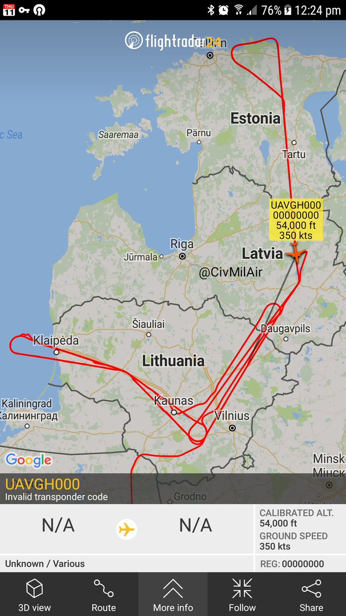 USAF RQ4 Global Hawk 'UAVGH000' - 54,000ft, heading south over Latvia 