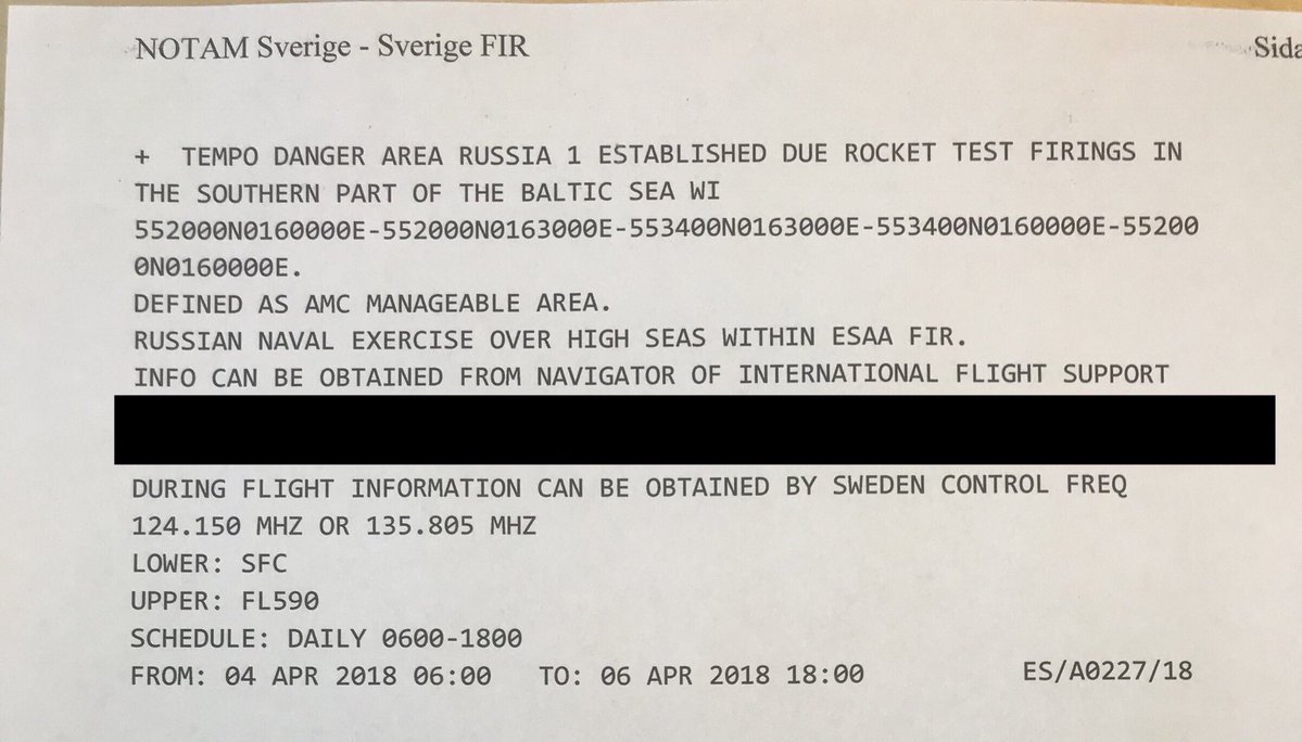 Russian navy just reserved missile firings area for 4-6 April up to 18000m in intl waters real close to Sweden.  