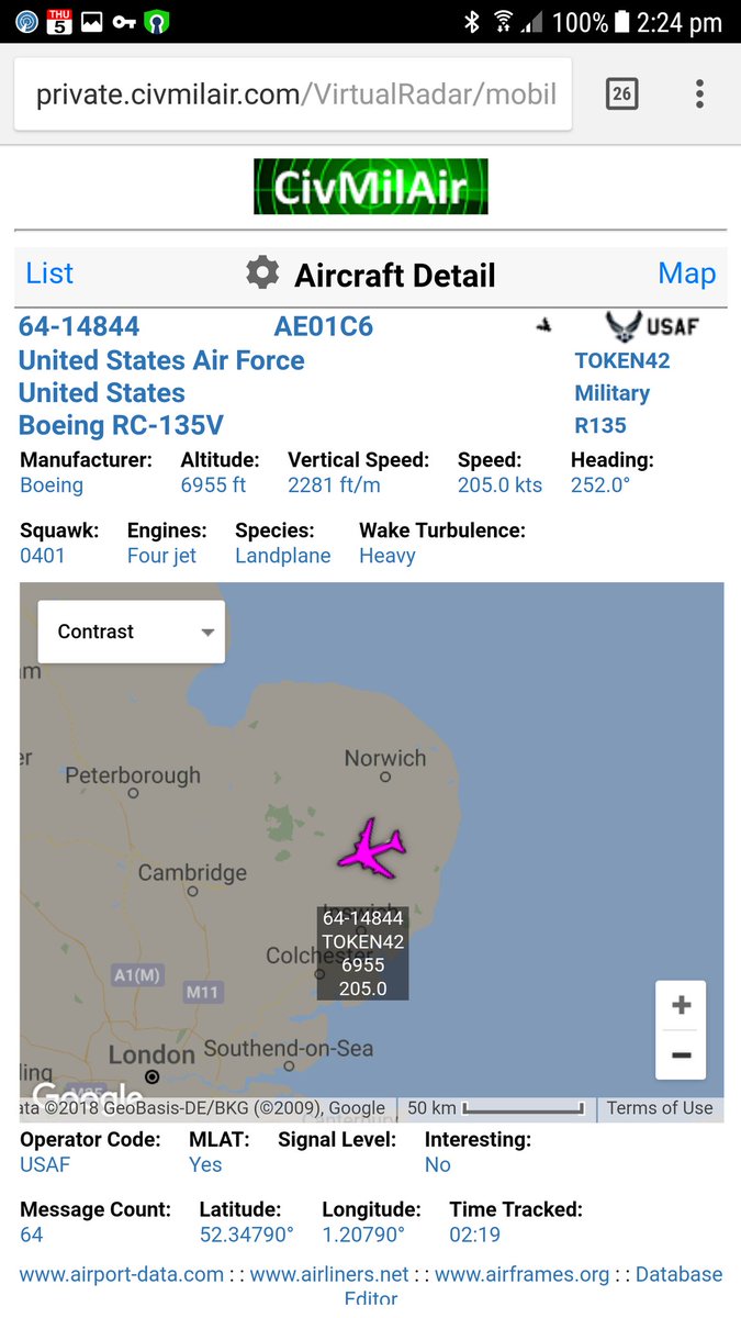 USAF RC135W - RTB Mildenhall; USAF RQ4 Global Hawk - 52,000ft heading back over Estonia   