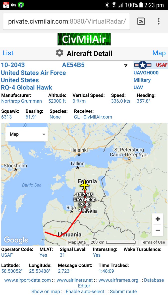 USAF RC135W - RTB Mildenhall; USAF RQ4 Global Hawk - 52,000ft heading back over Estonia   