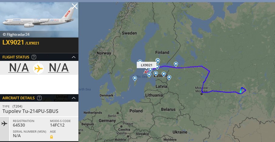 Tu214 PU-SBUS  -  new pre-delivery Airborne Command Post - test flight out of factory at Kazan -over Baltic probably en-route to Kaliningrad 1037z   