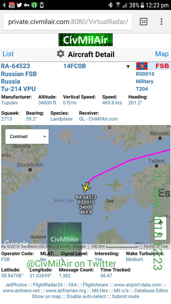 Tu214VPU RA64523 RSD010 FSB Airborne Command Post - Heading south over the Baltic Sea