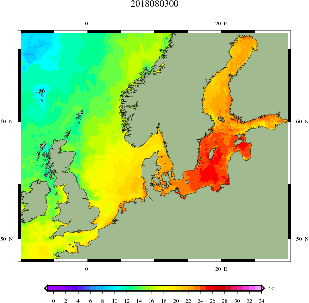 The Baltic sea surface temperatures reached 23-26 °C 