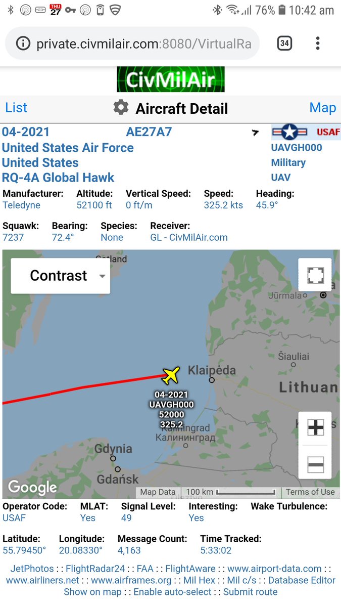 5 hours on 52,000ft over the Baltic Sea  Eyes on Kaliningrad   USAF RQ4 Global Hawk   