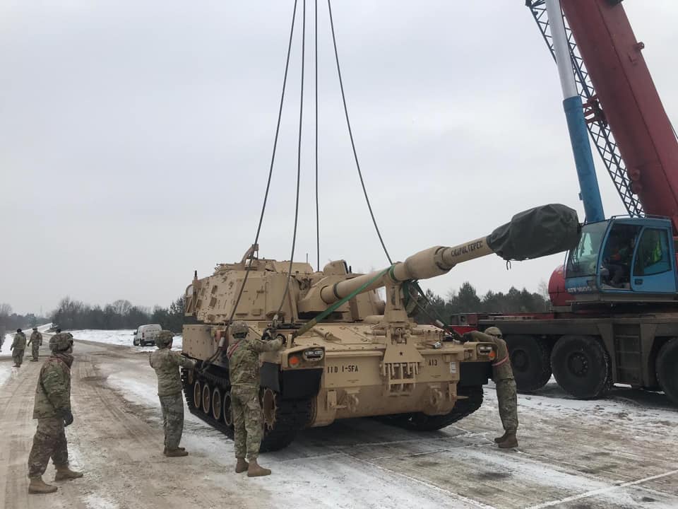 First M109A7 Paladin self-propelled howitzers and other equipment with 1-5 FA, 1st Armored Brigade Combat Team ABCT, 1st Infantry Division @FightingFirst, arrived at the final destination in Poland 