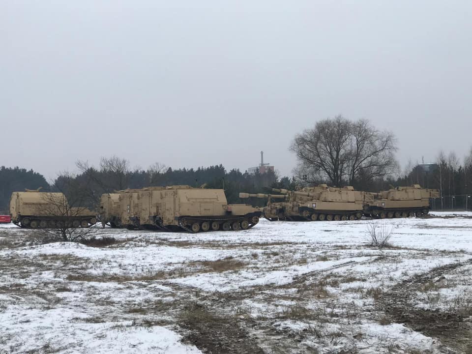 First M109A7 Paladin self-propelled howitzers and other equipment with 1-5 FA, 1st Armored Brigade Combat Team ABCT, 1st Infantry Division @FightingFirst, arrived at the final destination in Poland 
