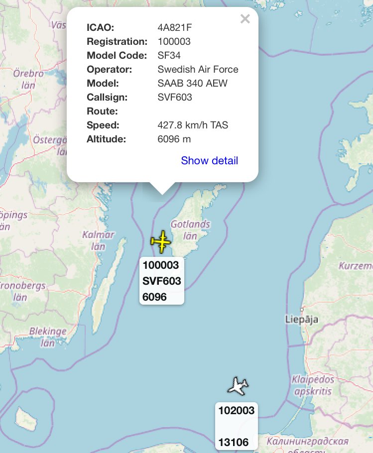 Swedish Air Force Early Warning aircraft, SAAB 340 AEW, heading east. Korpen already off the coast of Kaliningrad.
