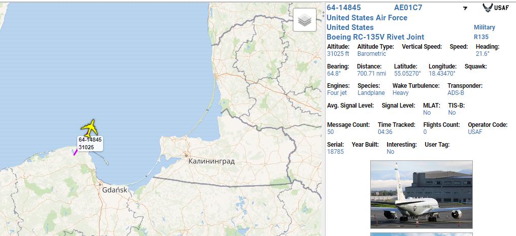 USAF RC135V RivetJoint  LUCKY17 6414845 Surveillance platform operating over Baltic Sea- eyes on Kaliningrad Oblast