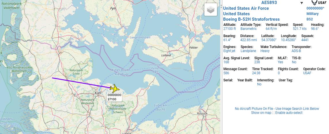 Rossing Keil Canal, Denmark heading east at FL 270 towards Baltic Sea is USAF B52H no callsign as yet - ADSB Hex AE5893. (has used c/s CHAOS in the US). 