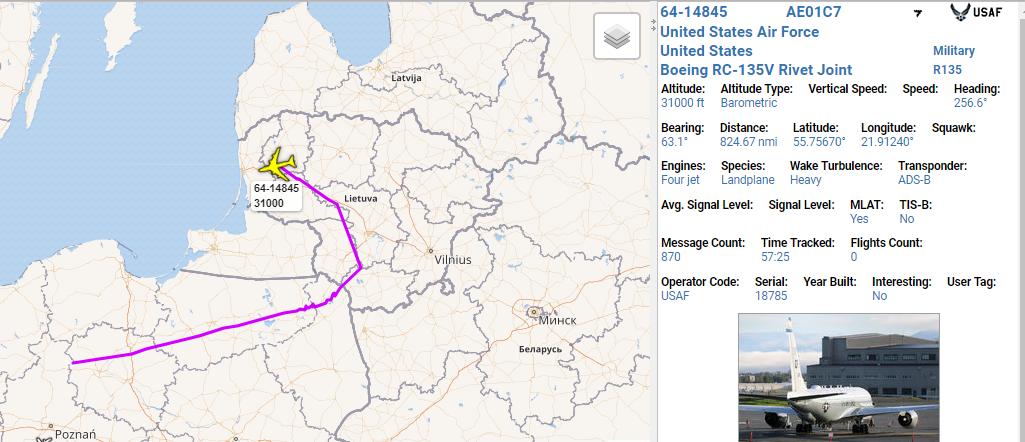 LUCKY17 6414845 USAF RC135V Rivet Joint on another intelligence-gathering mission- active over Lithuania, eyes-on Kaliningrad Oblast.