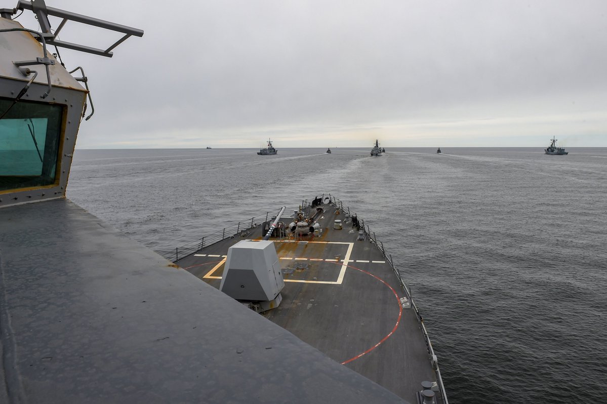 Standing NATO Maritime Group One (SNMG1) conducting a formation drill as part of a Passing Exercise with the ??Finnish Navy in the Gulf of Finland after a port visit this weekend.   