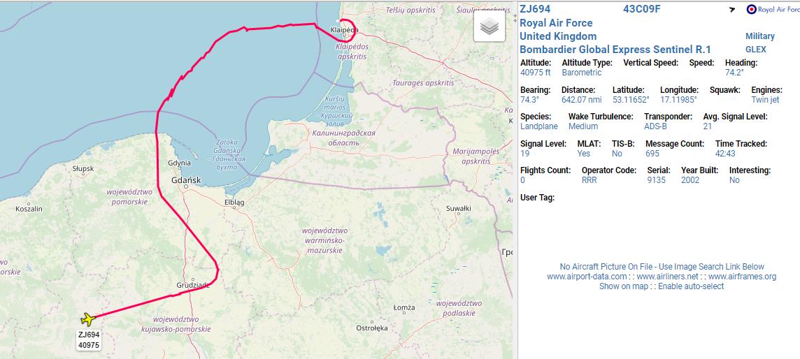 RAF intelligence-gathering ISTAR platforms out of Waddington, UK on Baltic Sea missions surveilling Kalinigrad Oblast 1345z: RRR7303 ZJ694 Sentinel R1 @ FL410 RRR7245 ZZ666 RC135W RivetJoint @ FL270   