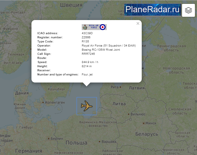 RAF intelligence-gathering ISTAR platforms out of Waddington, UK on Baltic Sea missions surveilling Kalinigrad Oblast 1345z: RRR7303 ZJ694 Sentinel R1 @ FL410 RRR7245 ZZ666 RC135W RivetJoint @ FL270   