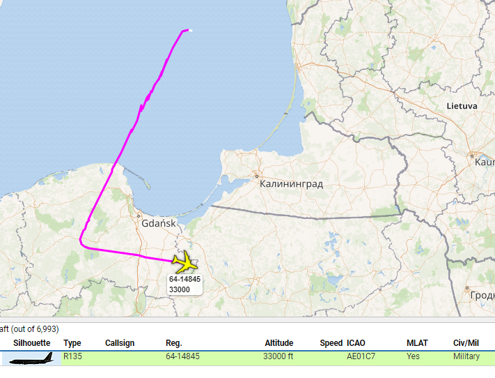 USAF Intelligence-gathering assets over Baltic area this morning: SHUSH77 6414845 RC135V RivetJoint - surveilling Kaliningrad Oblast; FORTE10 102043 RQ4B Global Hawk UAV- over Estonia surveilling Russia border area   