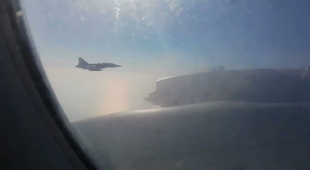Swedish Saab Gripen and Finnish Boeing F-18 fighters intercept Ilyushin Il-18 aircraft with Russian MoD Public Council delegation over Baltics.   