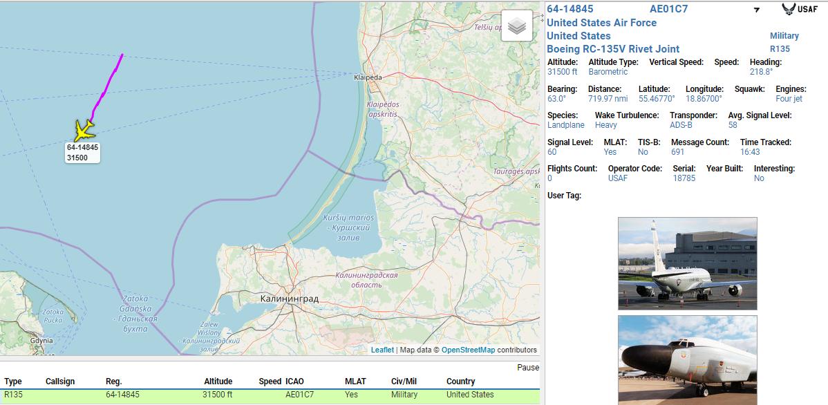 SHUSH77 6414845 USAF RC135V RivetJoint, intelligence-gathering platform, on surveillance mission over BalticSea, eyes on Kalinigrad Oblast. 