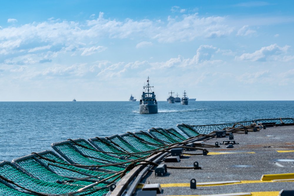 BALTIC SEA (June 9, 2019) Multinational ships and ships assigned to Standing NATO Mine Countermeasures Group One (SNMCMG1) transit the BalticSea during the annual Baltic Operations (BALTOPS) 2019 exercise. (NATO photo by CPO Brian Djurslev)   