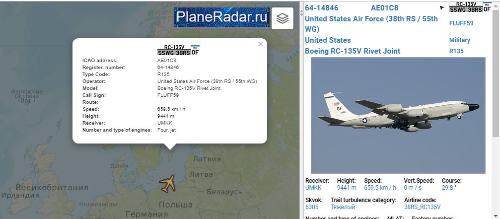 FLUFF59 6414846 USAF RC135V Rivet Joint on intelligence-gathering mission over northern Poland and Baltic Sea - watching  Kaliningrad Oblast. 0944z   