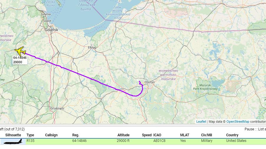 FLUFF59 6414846 USAF RC135V Rivet Joint intelligence-gathering platform, operating over northern Poland, surveilling close to Kaliningrad Oblast. 0915z   