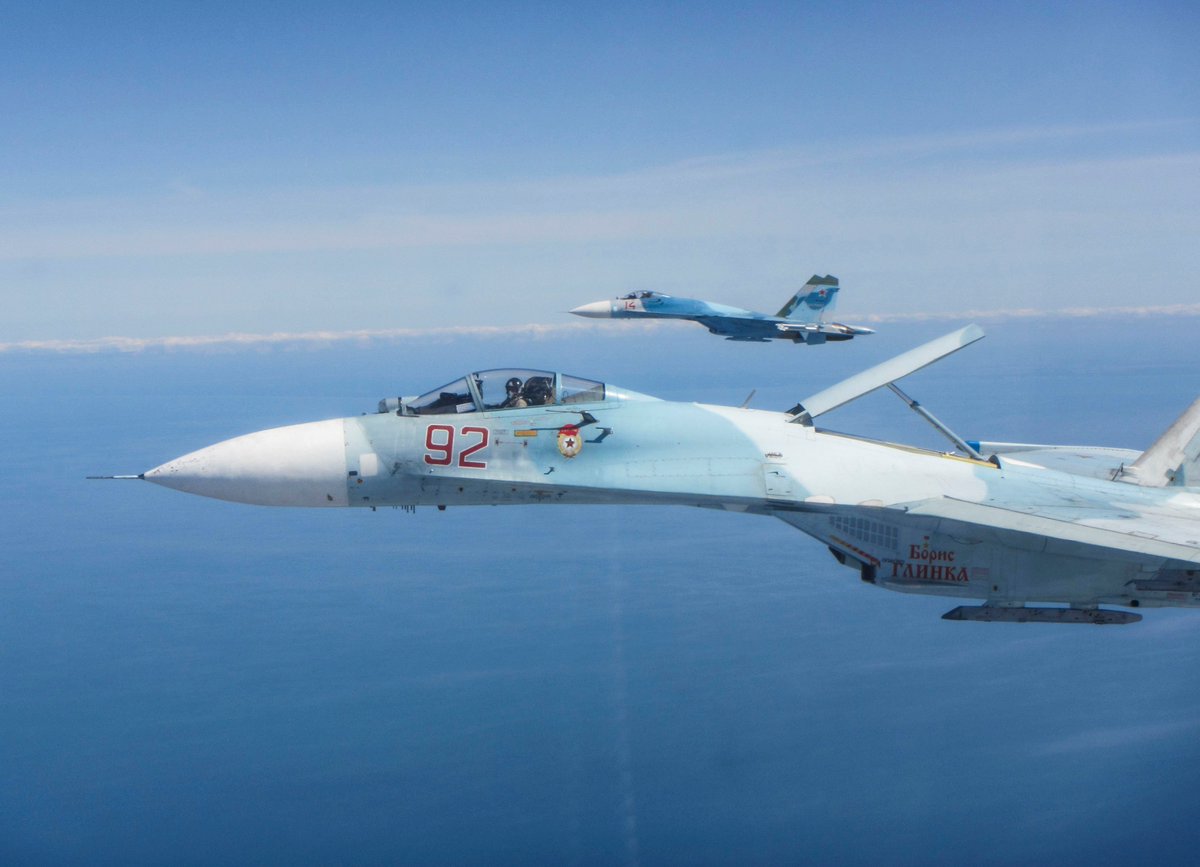 Royal Air Force Typhoon jets intercepted a Russian TU-142 Bear strategic bomber and two SU-27B Flanker jets