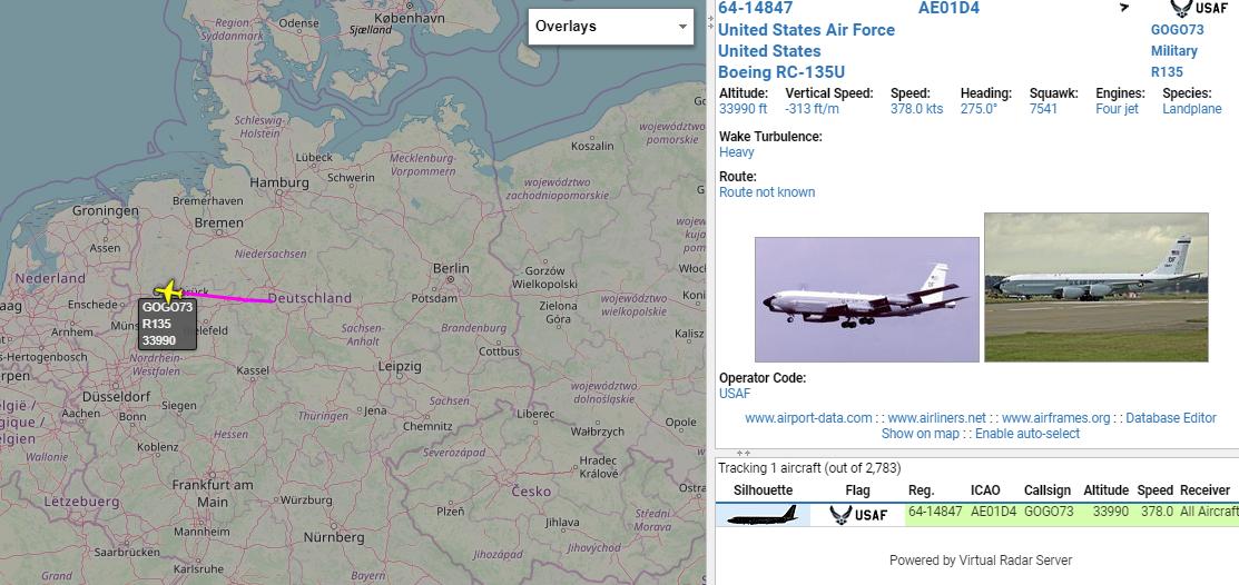 GOGO73 6414847 USAF RC135U Combat Sent, tracking west back to Mildenhall after morning intelligence-gathering mission surveilling BalticSea and Kalinigrad area. 0909z
