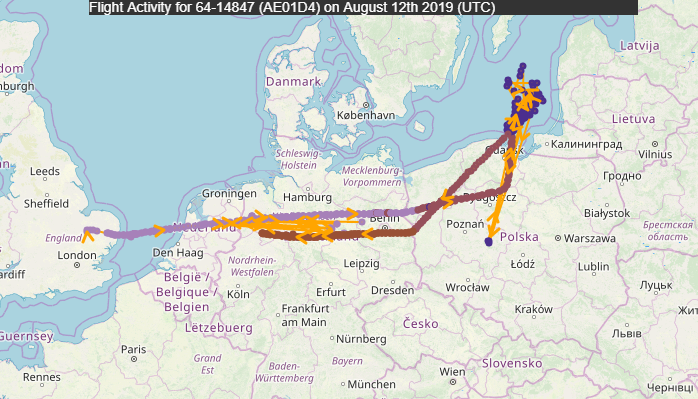 GOGO73 6414847 USAF RC135U Combat Sent, tracking west back to Mildenhall after morning intelligence-gathering mission surveilling BalticSea and Kalinigrad area. 0909z