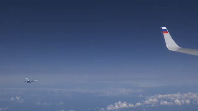 The Russian MoD published a video purporting to show a NATO FA-18 fighter flying alongside Sergei Shoigu's aircraft today as he flew to Kaliningrad before being forced away by a pair of Russian Su-27 fighters