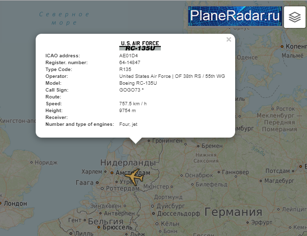 GOGO73 6414847 USAF RC135U Combat Sent ELINT platform, heading back to Mildenhall after early morning (0430z) mission, gathering intelligence over Baltic area, eyes-on Kaliningrad Oblast. 0919z