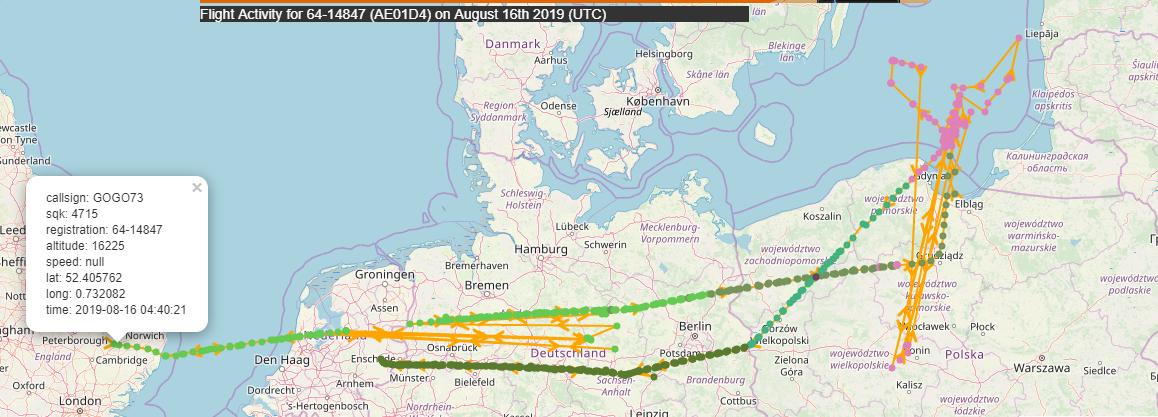 GOGO73 6414847 USAF RC135U Combat Sent ELINT platform, heading back to Mildenhall after early morning (0430z) mission, gathering intelligence over Baltic area, eyes-on Kaliningrad Oblast. 0919z