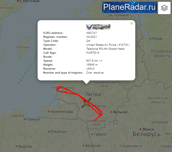 FORTE10 042021 USAF RQ4 Global Hawk UAV on high-altitude intelligence-gathering mission over Lithuania, eyes-on Kaliningrad Oblast. 0843z