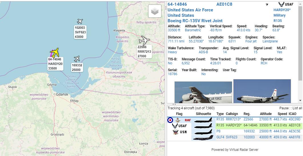 Intelligence-gathering assets operating over Baltic Sea / Kaliningrad Oblast of Russia: RRR7213 ZZ666 RAF RC135W Rivet Joint; HARDY20 6414846 USAF RC135V Rivet Joint; SVF623 102003 SwedishAF S102B Korpen Elint; USNavy P8A Poseidon 169332