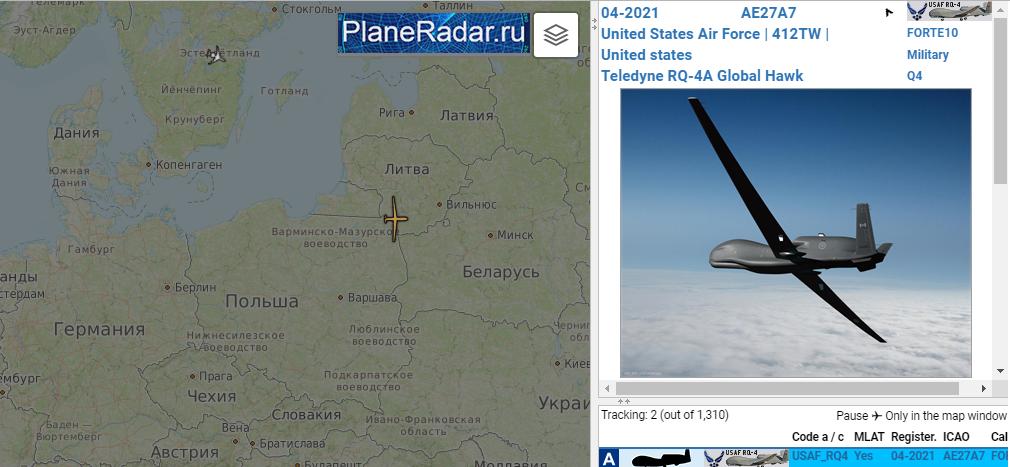FORTE10 042021 USAF RQ4 Global Hawk UAV on high-altitude intelligence-gathering mission over Lithuania, eyes-on Kaliningrad Oblast