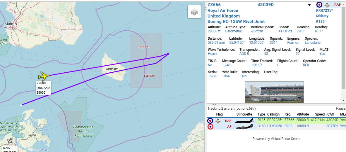 RRR7235 ZZ666 RAF RC135W Rivet Joint ISTAR platform, operating over Baltic Sea. 0937z