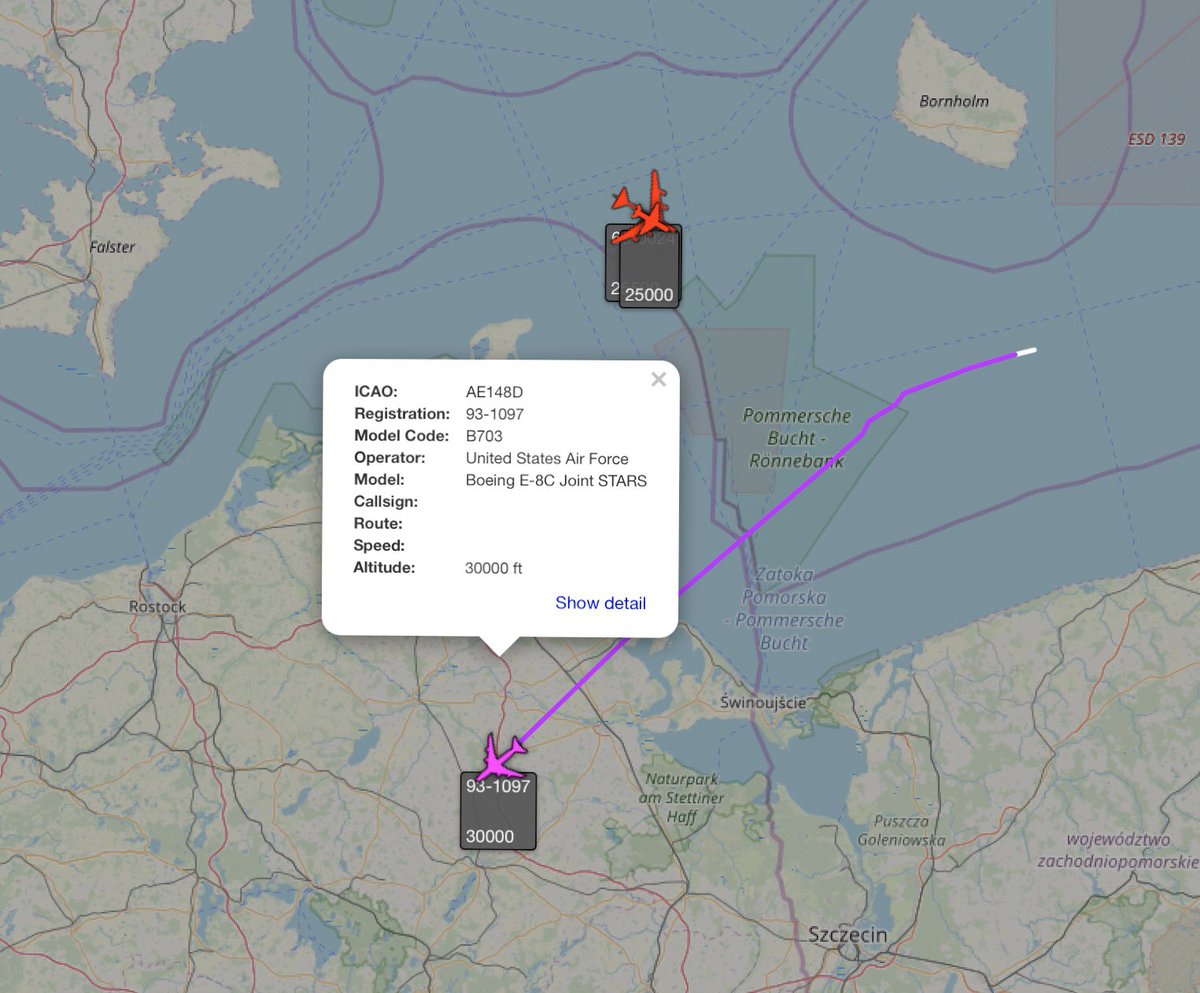 Two U.S B-52 bombers over the Baltic Sea. Witnesses earlier in spotted them over Canada heading towards the east. USAF JSTARS (Joint Surveillance Target Attack Radar System) aircraft is also airborne in the region