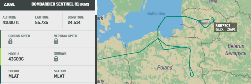 Pair of RAF Waddington-based ISTAR platforms on BalticSea Intel-gathering missions, with eyes on Kaliningrad Oblast. 1216z: RRR7203 ZZ666 RC135W Rivet Joint RRR7303 ZJ691 Sentinel R1