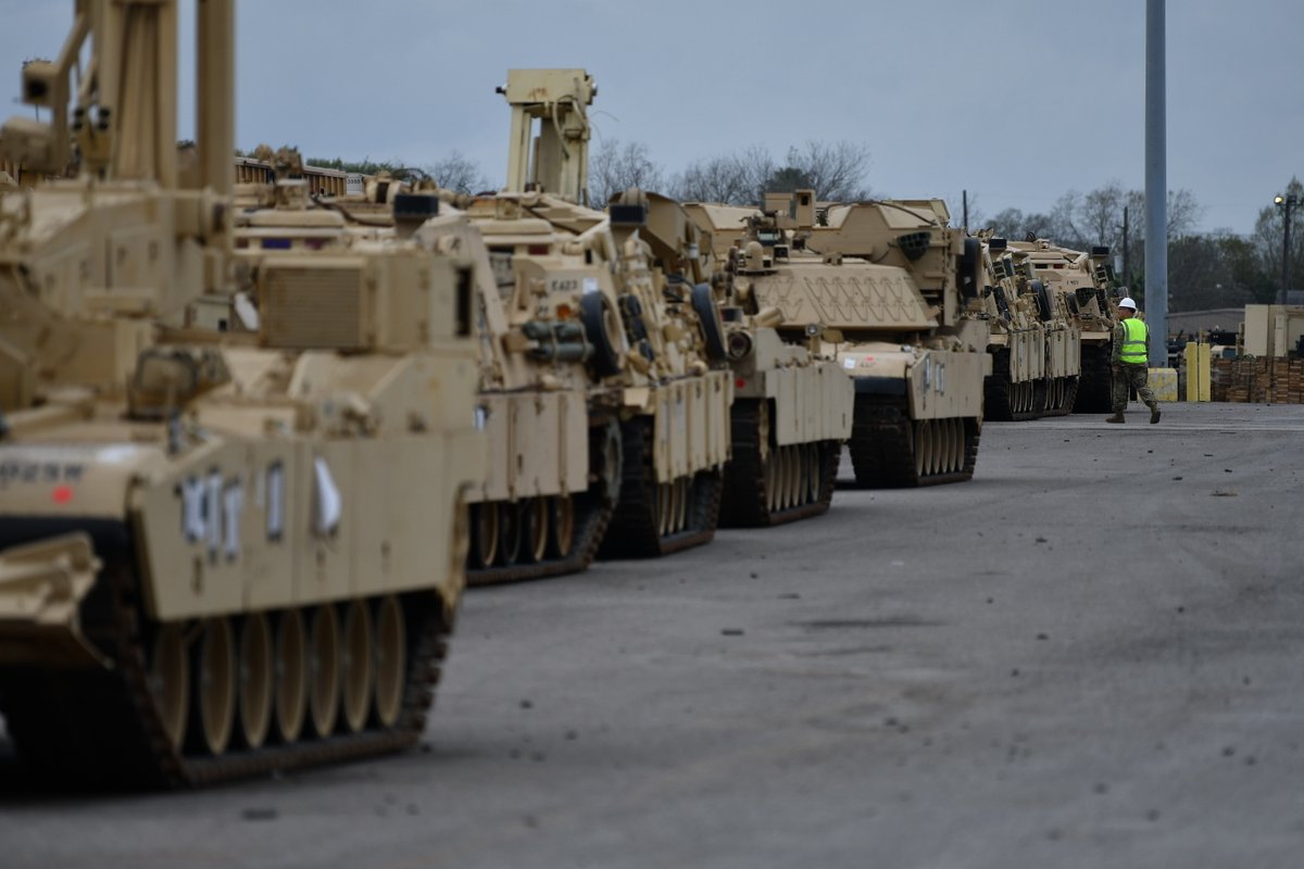 Containers and vehicles belonging to the @USArmy 2nd Armored Brigade Combat Team, @1stArmoredDiv, staged at the Port of Beaumont, Texas, as @2ABCT1AD is preparing for sea movement to Europe in support of exercise DEFENDEREurope 20