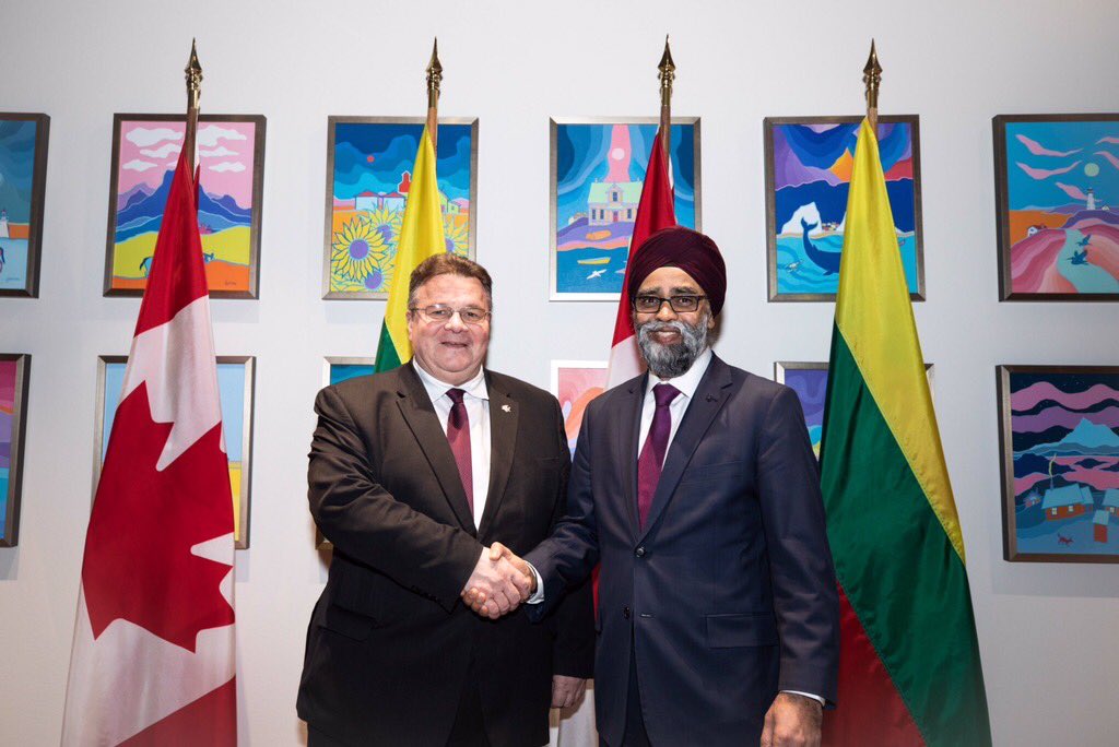 Lithuania MFA Linas Linkevicius: Great meeting with @HarjitSajjan, Canada's Minister of @NationalDefence, on @NATO, cooperation & security challenges with a strong focus on hybrid threats such as cyber & disinformation. We highly value Canada's pivotal role in strengthening security of the Baltic region