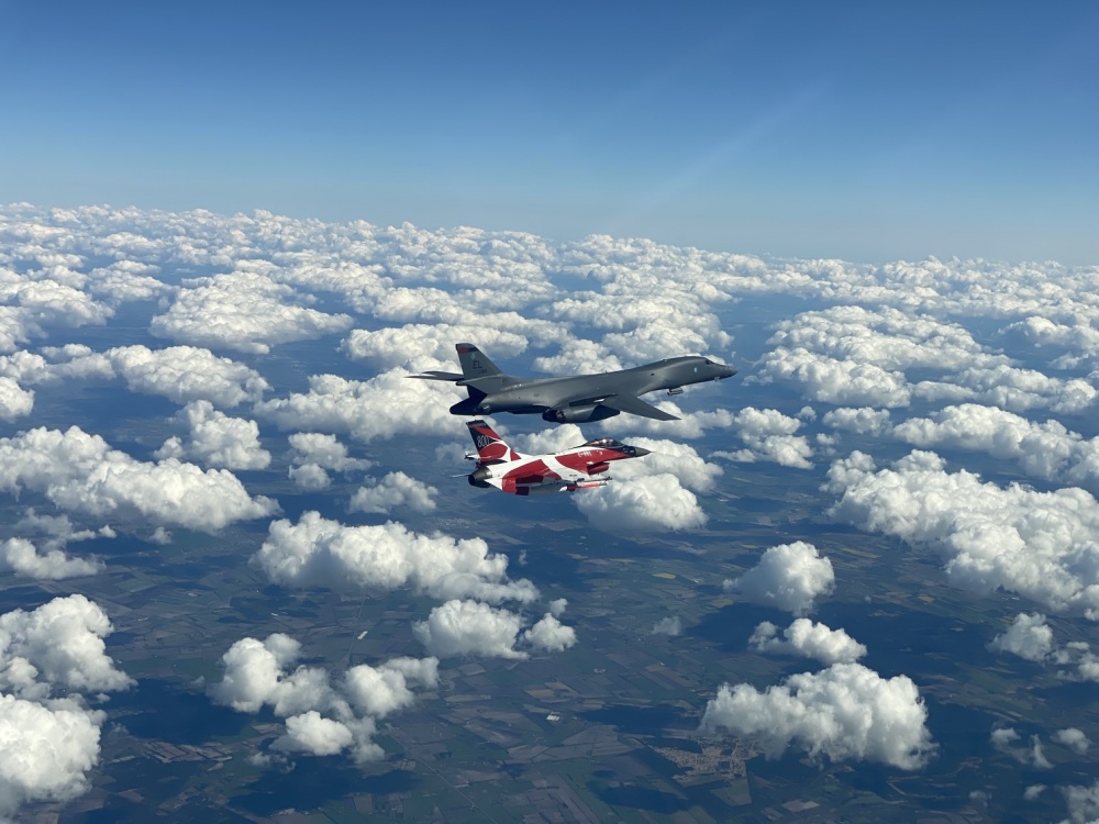 Two USAF B-1 Lancers from Ellsworth AFB, S.D., conducted a long-range strategic Bomber Task Force mission to the Baltic region May 5 where they intergrated with Danish F-16s