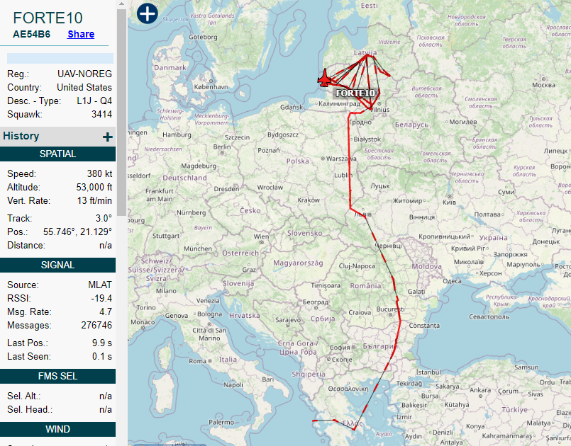 FORTE10 USAF RQ4 Global Hawk UAV on Baltic intel-gathering mission out of Sigonella. Eyes on Kalinigrad Oblast. 0914z