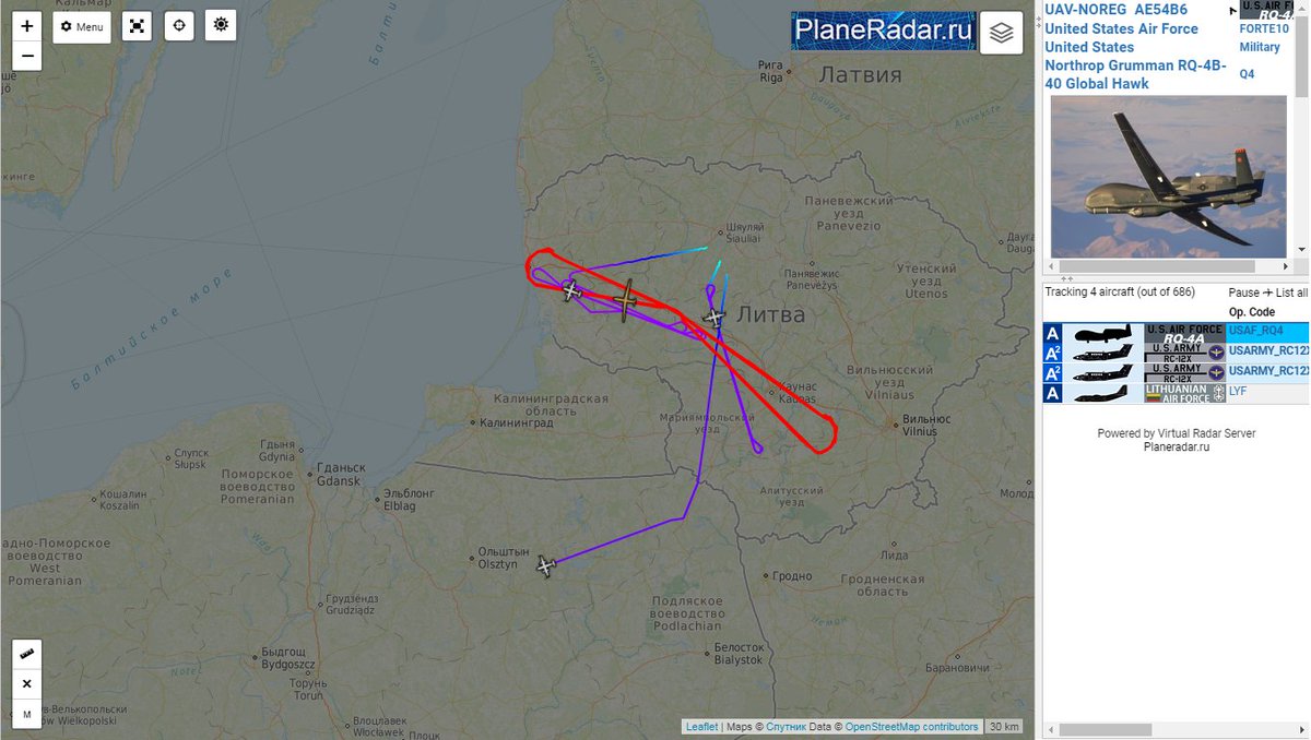 Kaliningrad: USAF RQ4 Global Hawk FORTE10; US Army RC-12X Guardrail; YANK01 US Army RC-12X Guardrail YANK02