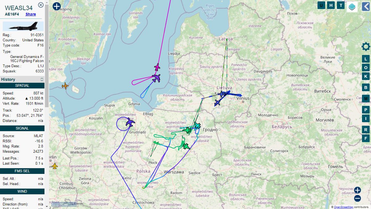 Kaliningrad/Balti Sea: USAF RC-135U Combat Sent BONY71; NATO AWACS NATO10; Swedish Air Force Gulfstream S102B Korpen SVF622; 3x USAF F16 Wild Weasels; 2x  US Army RC-12X Guardrail YANKY01/02