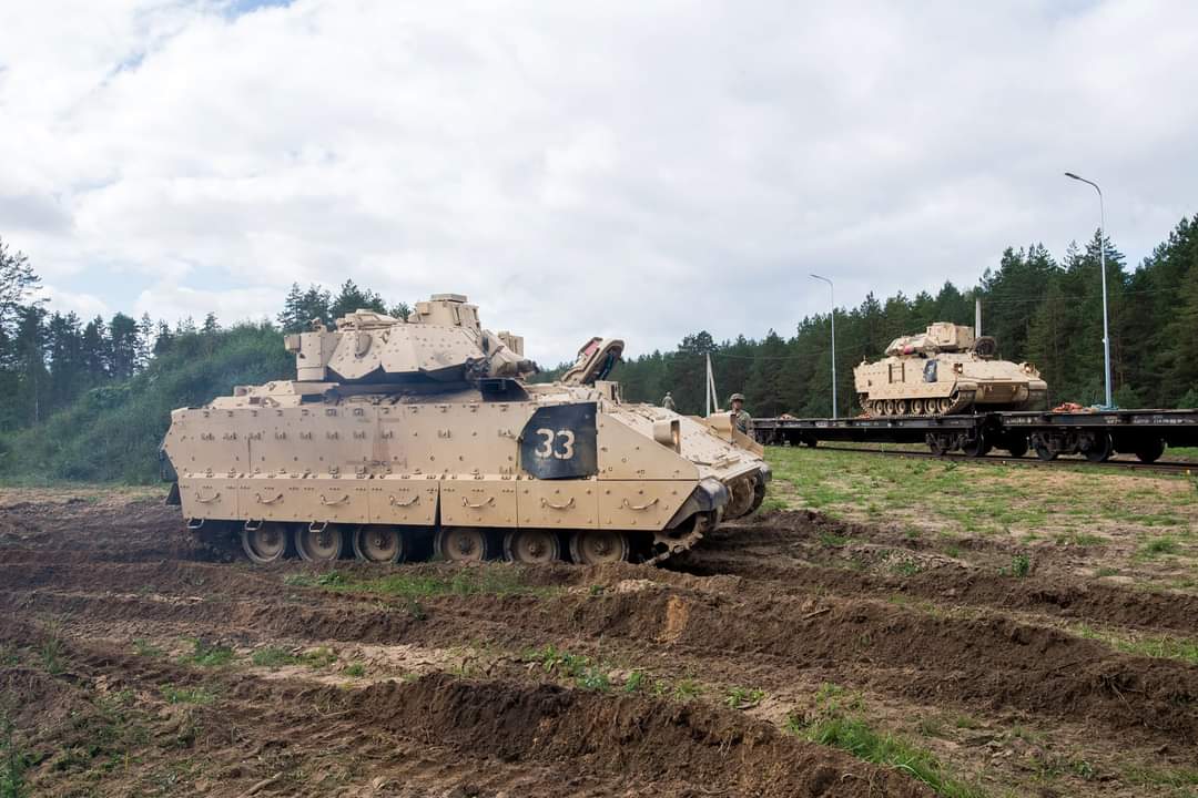 Second batch of @USArmy equipment, including Bradley vehicles belonging to the 2nd Battalion, 69th Armor Regiment, 2nd Armored Brigade Combat Team, @3rd_Infantry, arrived in Lithuania in support of Operation Atlantic Resolve