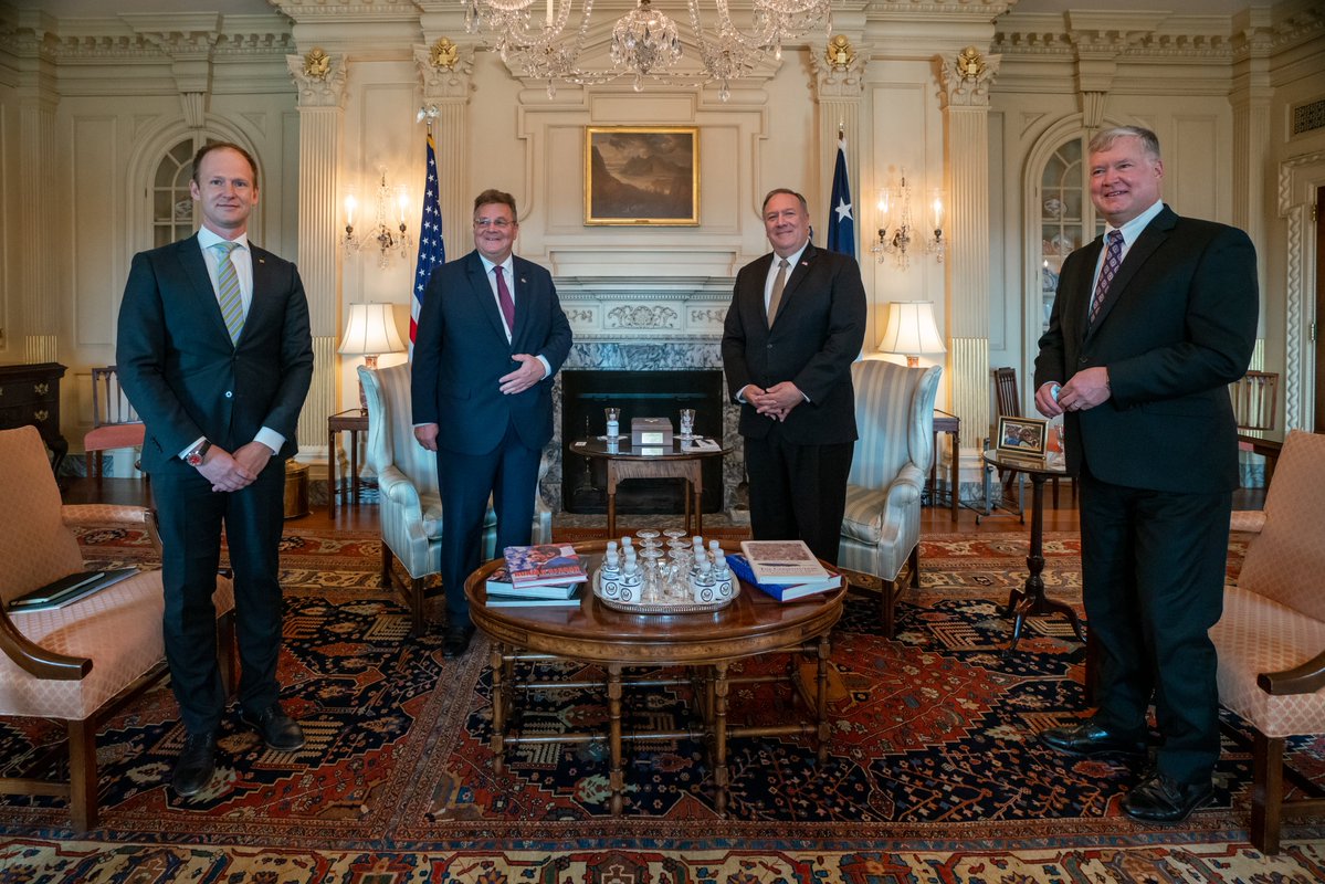 Secretary Pompeo:Great meeting with Lithuanian Foreign Minister @LinkeviciusL today to discuss the U.S.- Lithuania partnership on 5G security and promoting democracy and human rights. Grateful for Lithuania's contributions to our shared defense @NATO