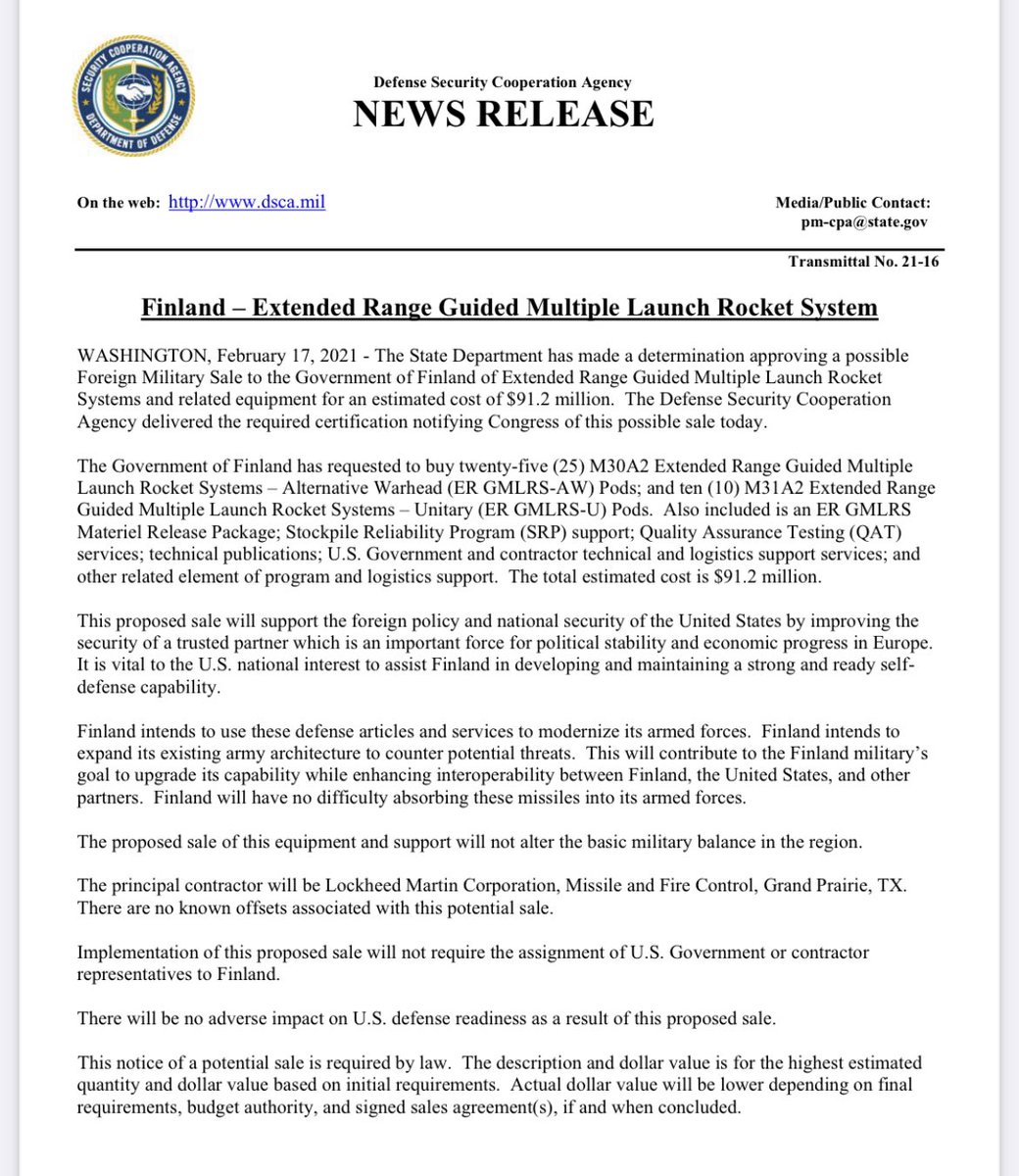 US State Department approved a possible Foreign Military Sale to Finland of Extended Range Guided Multiple Launch Rocket Systems