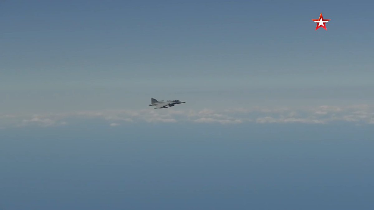 Screenshots of the Italian F-35, Danish F-16, and Swedish Saab JAS 39 Gripen fighters that shadowed the two Tu-160 bombers